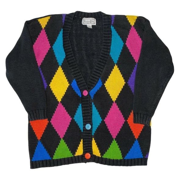 Rainbow Argyle Cardigan Sweater 90s Reference Point Knit Medium W23"xL26" Cotton - Picture 1 of 5